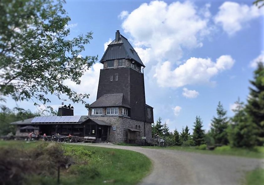 Historic observation tower in the countryside with restaurant