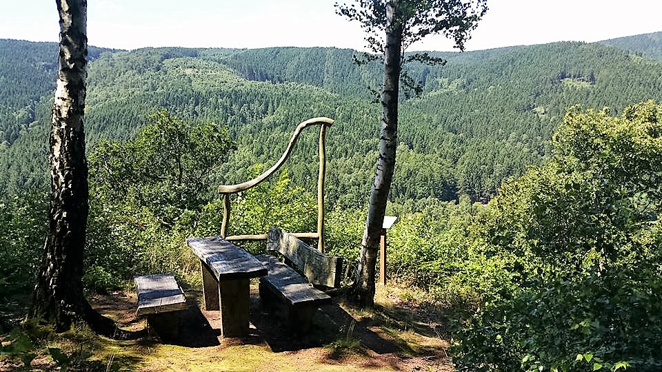 Viewing point with wooden benches in the green forest mountains