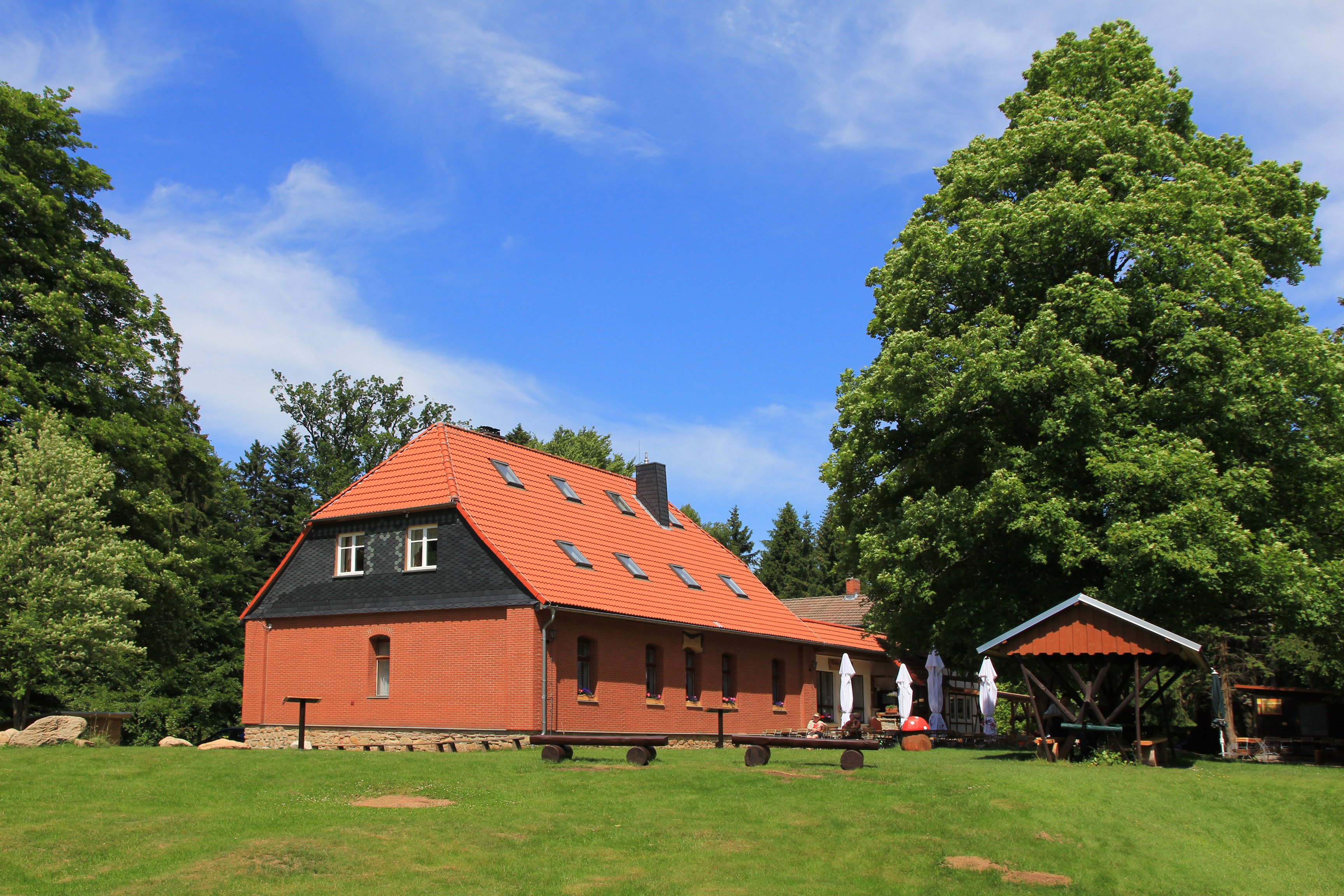 Bakstenen huis met rood dak omringd door groen