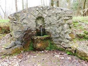 Oude stenen fontein in het bos met stromend water