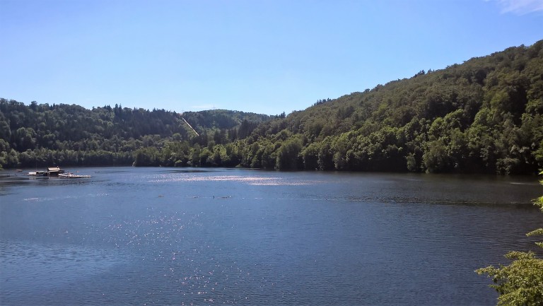 Blauer See umgeben von grünen Wäldern